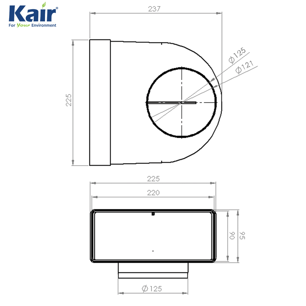 Kair Elbow Bend Adaptor 220mm x 90mm to 125mm - 5 inch Rectangular to Round 90 Degree Bend