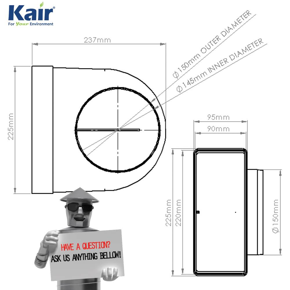 Kair Elbow Bend Adaptor 220x90mm to 150mm - 6 inch Rectangular to Round 90 Degree Bend