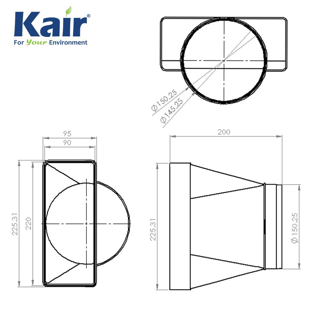 Kair Offset Ducting Adaptor 220mm x 90mm to 150mm - 6 inch Rectangular to Round