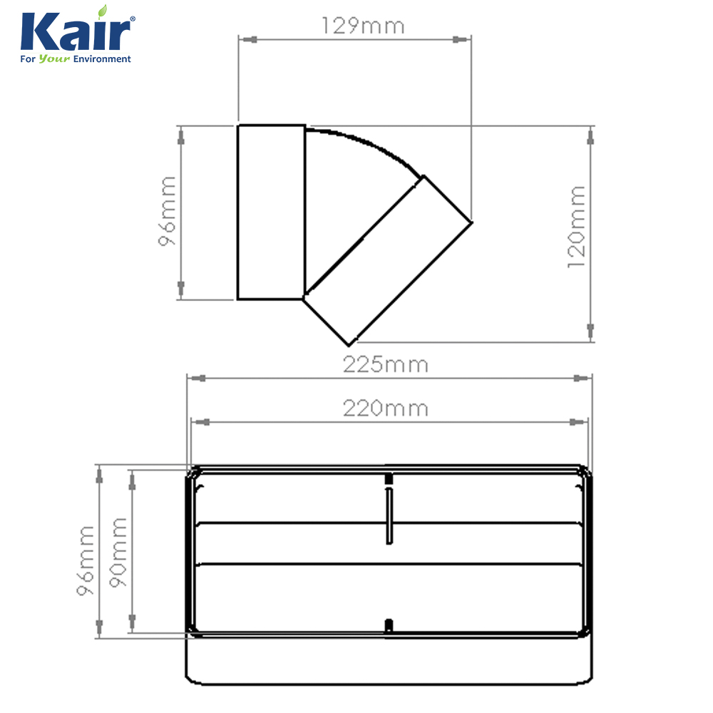 Kair 45 Degree Vertical Elbow Bend 220mm x 90mm - 9 x 4 inch