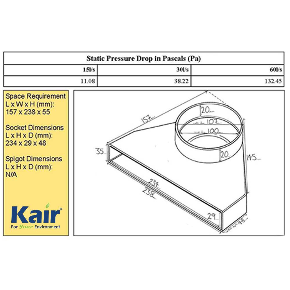 Kair Plenum Elbow Bend Adaptor 234mm x 29mm to 100mm - 4 inch Rectangular to Round 90 Degree Bend