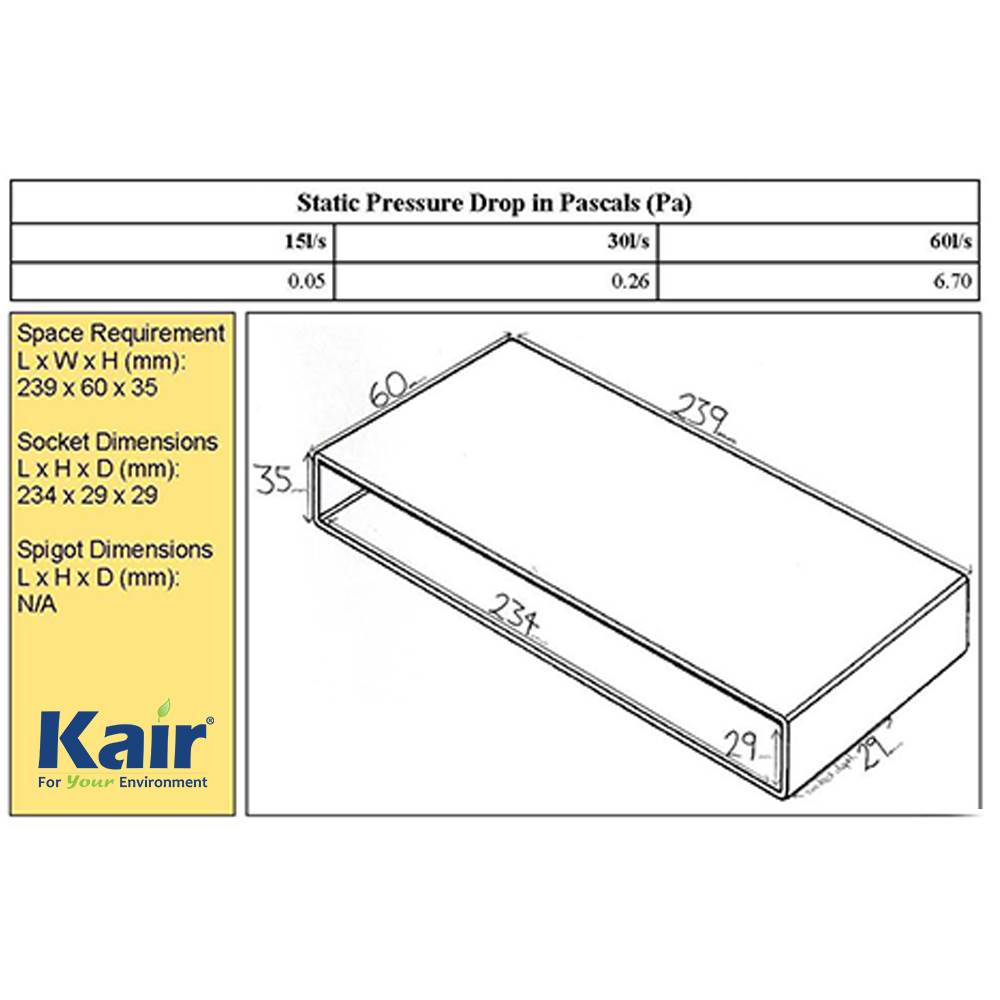 Kair Rectangular Straight Connector 234mm x 29mm Flat Pipe Joint