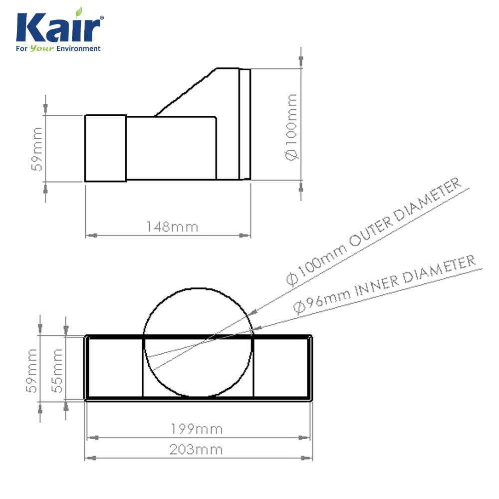 Kair Ducting Adaptor 204mm x 60mm to 100mm - 4 inch Rectangular to Round