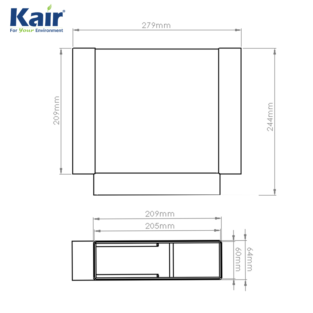 Kair Equal T-Piece Adaptor 204mm x 60mm for Rectangular Plastic Ducting