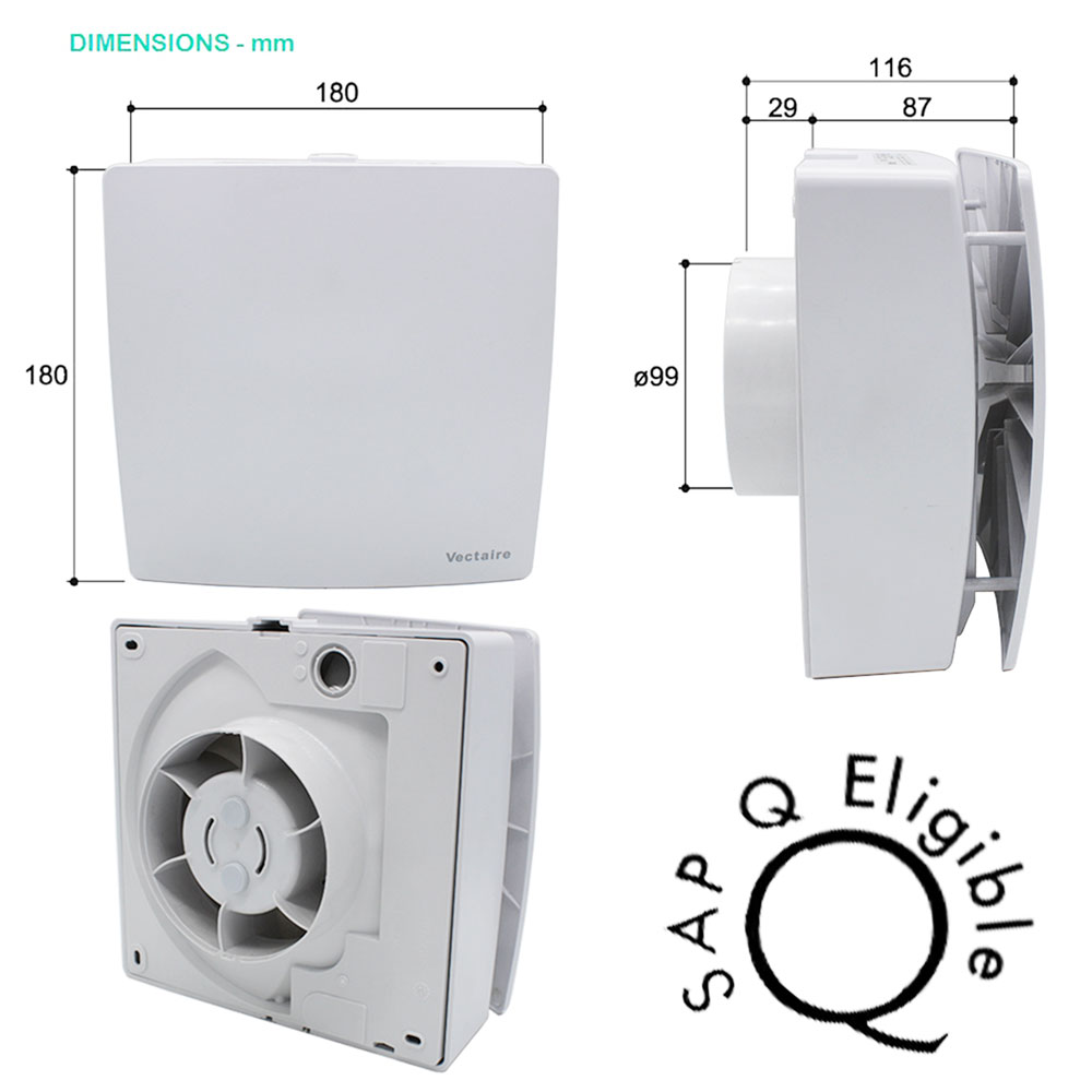 Vectaire ELX1003HDT Elix Centrifugal Fan - 3 Speed - Pullcord - Timer - Humidistat