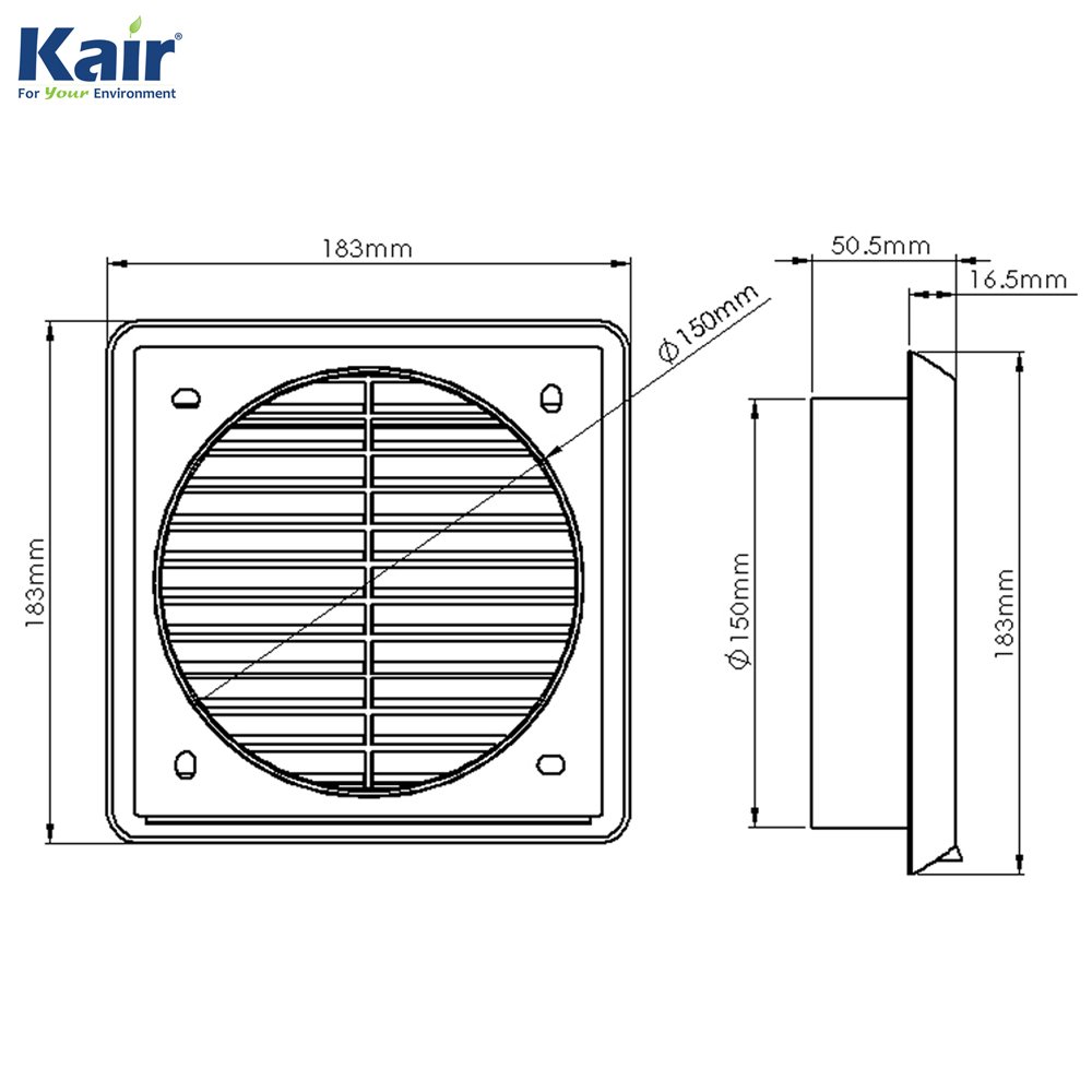 Kair Louvred Wall Vent Grille 150mm 6 inch White with Flyscreen for Internal or External use