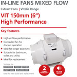 Domus Vitalis High Performance Mixed Flow In-Line Shower 150mm Timer Extract Fan White (VIT150TB)