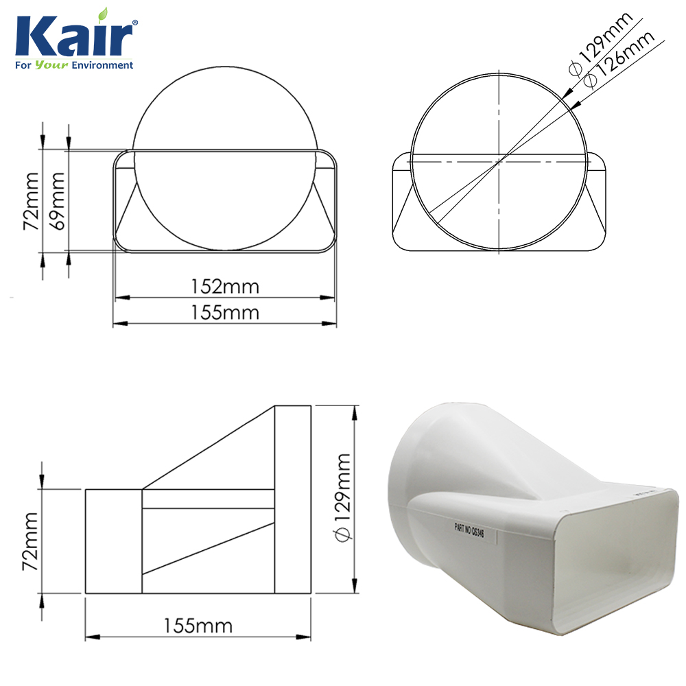 Kair Offset Ducting Adaptor 150mm x 70mm to 125mm - 5 inch Rectangular to Round
