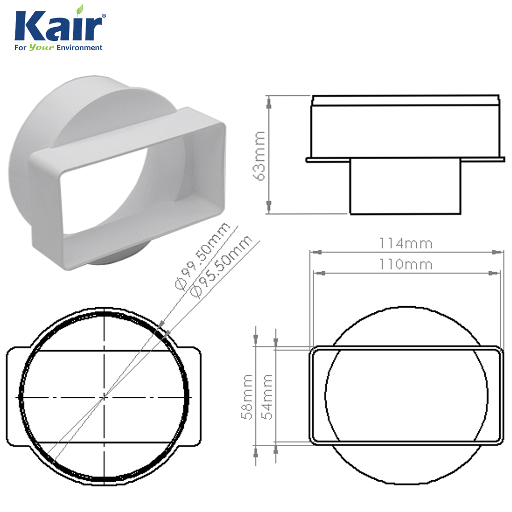 Kair Straight Ducting Adaptor 110mm x 54mm to 100mm - 4 inch Rectangular to Round - Male