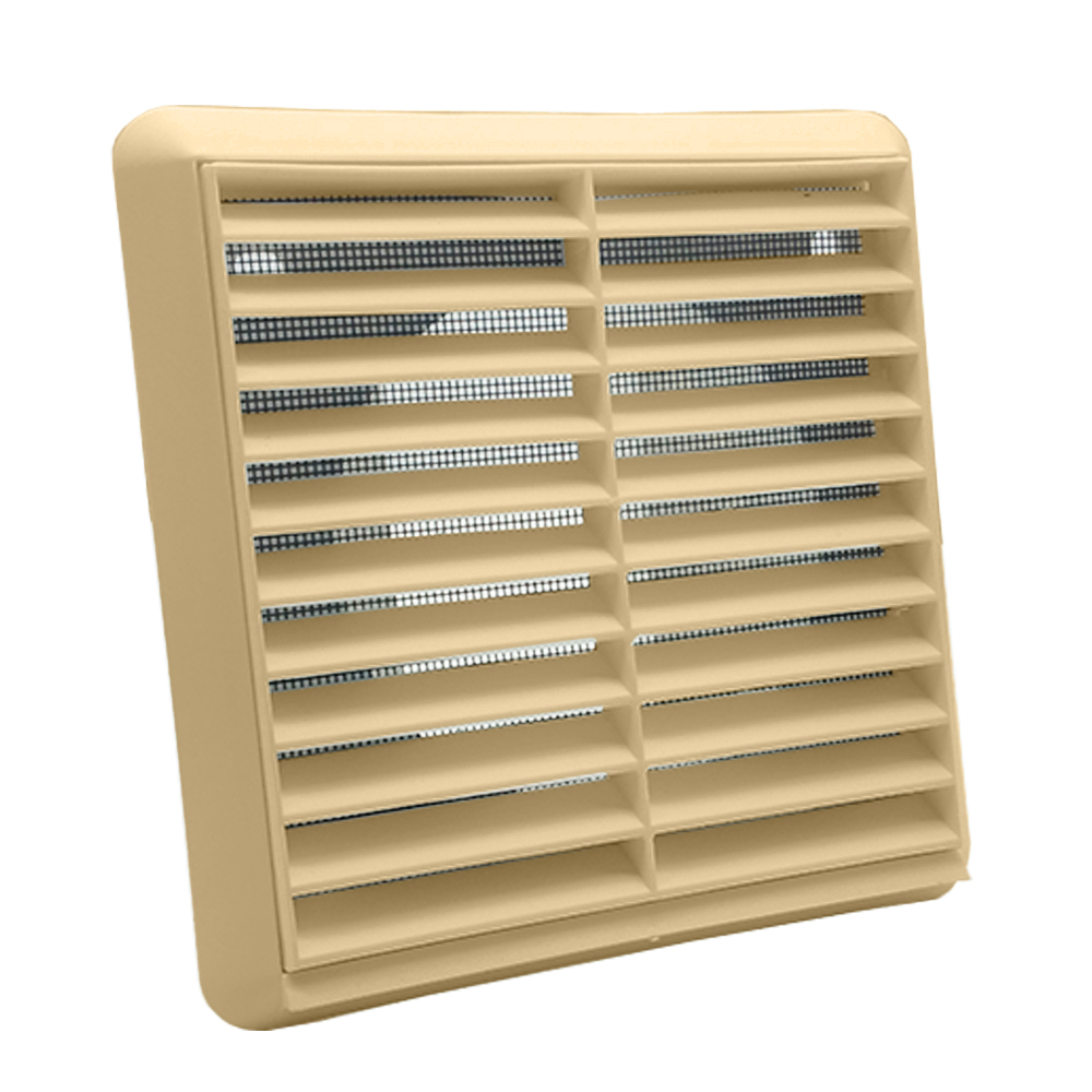 Kair Louvred Grille with Flyscreen – Round Rear Spigot - 100mm, Beige
