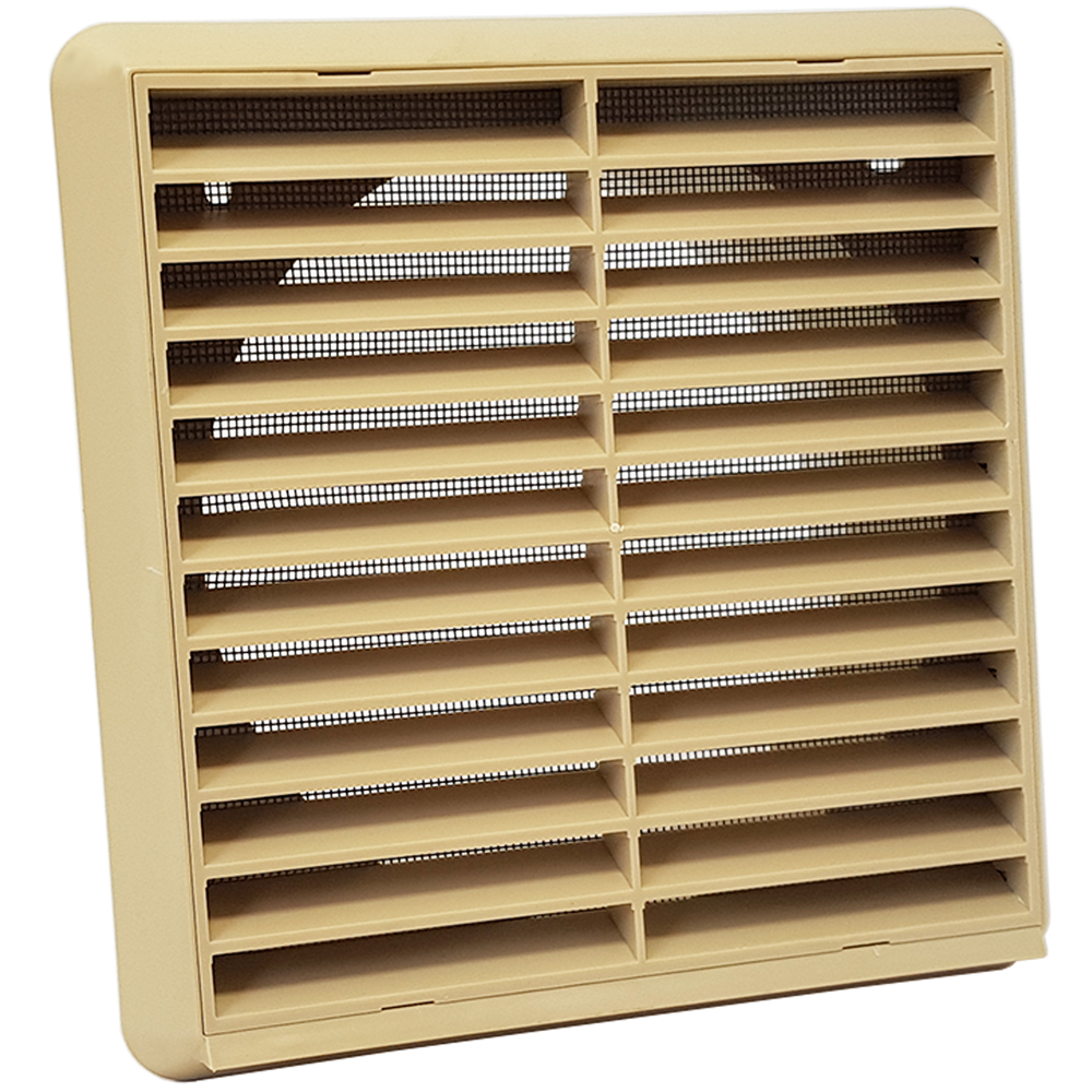 Kair Louvred Grille with Flyscreen – Round Rear Spigot - 150mm, Beige