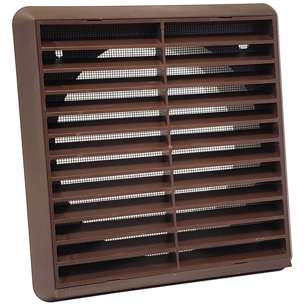 Kair Louvred Grille with Flyscreen – Round Rear Spigot - 150mm, Brown