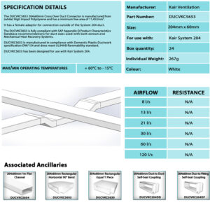 Kair System 204 Cross Over Duct Connector for use with 204 x 60mm Ducting