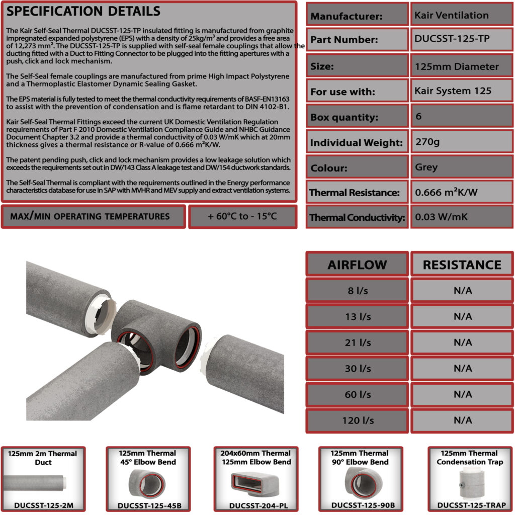 Kair Self-Seal Thermal Ducting - 125mm - T-Pieces - Box of 6